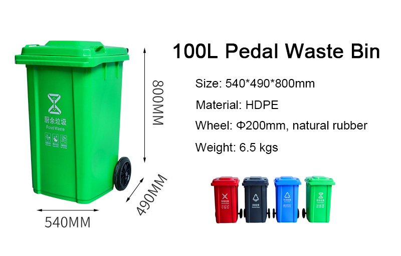 100L Plastic Trash Bins with Wheels color size display