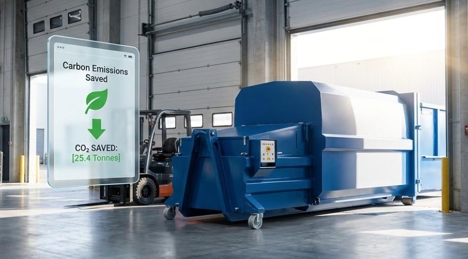 A mobile waste compactor on-site with a superimposed icon representing automated carbon footprint reporting and ESG compliance