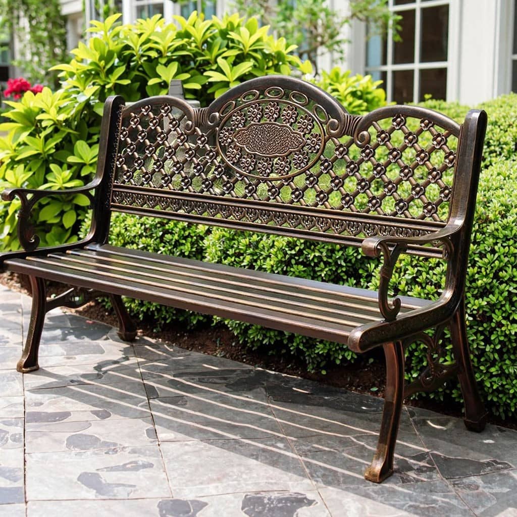 Classic Floral Cast Aluminum Outdoor Bench in use