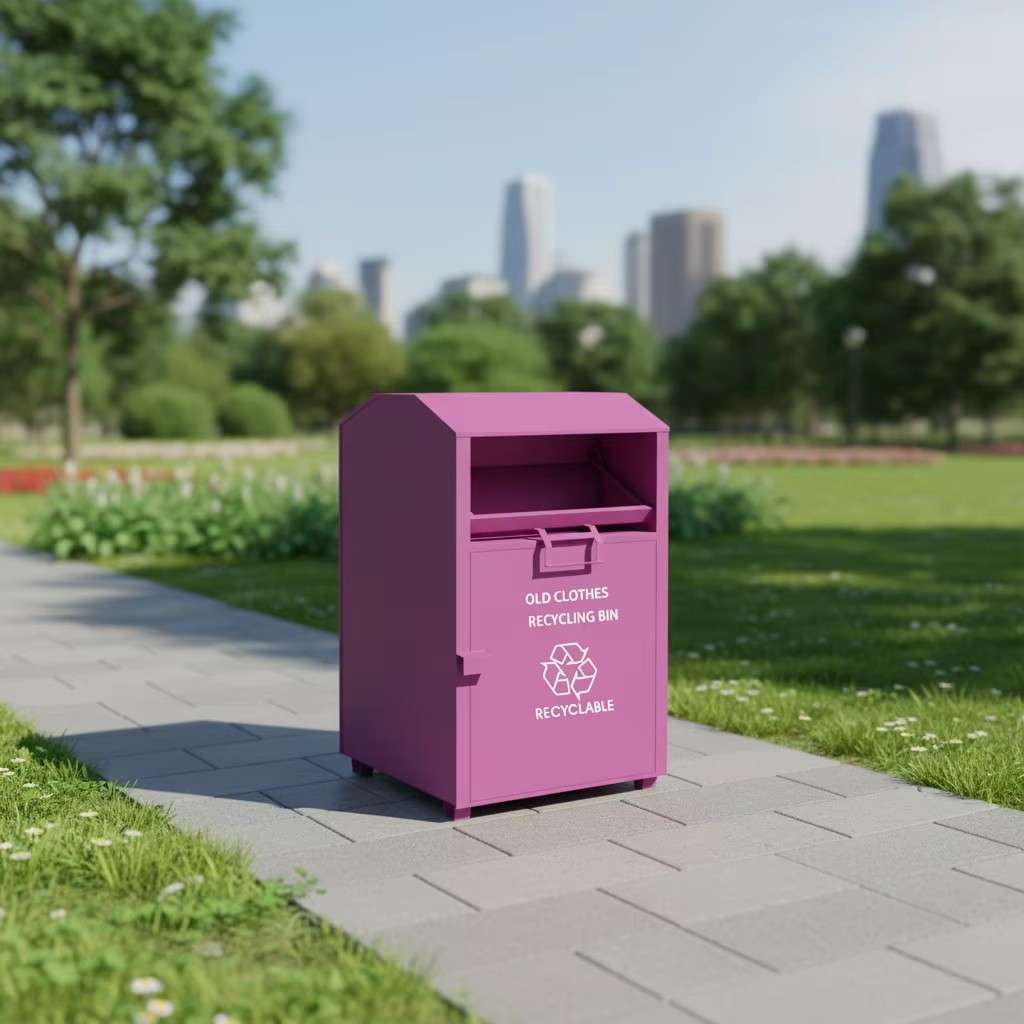 Compact galvanized steel old clothes recycling bin onsite