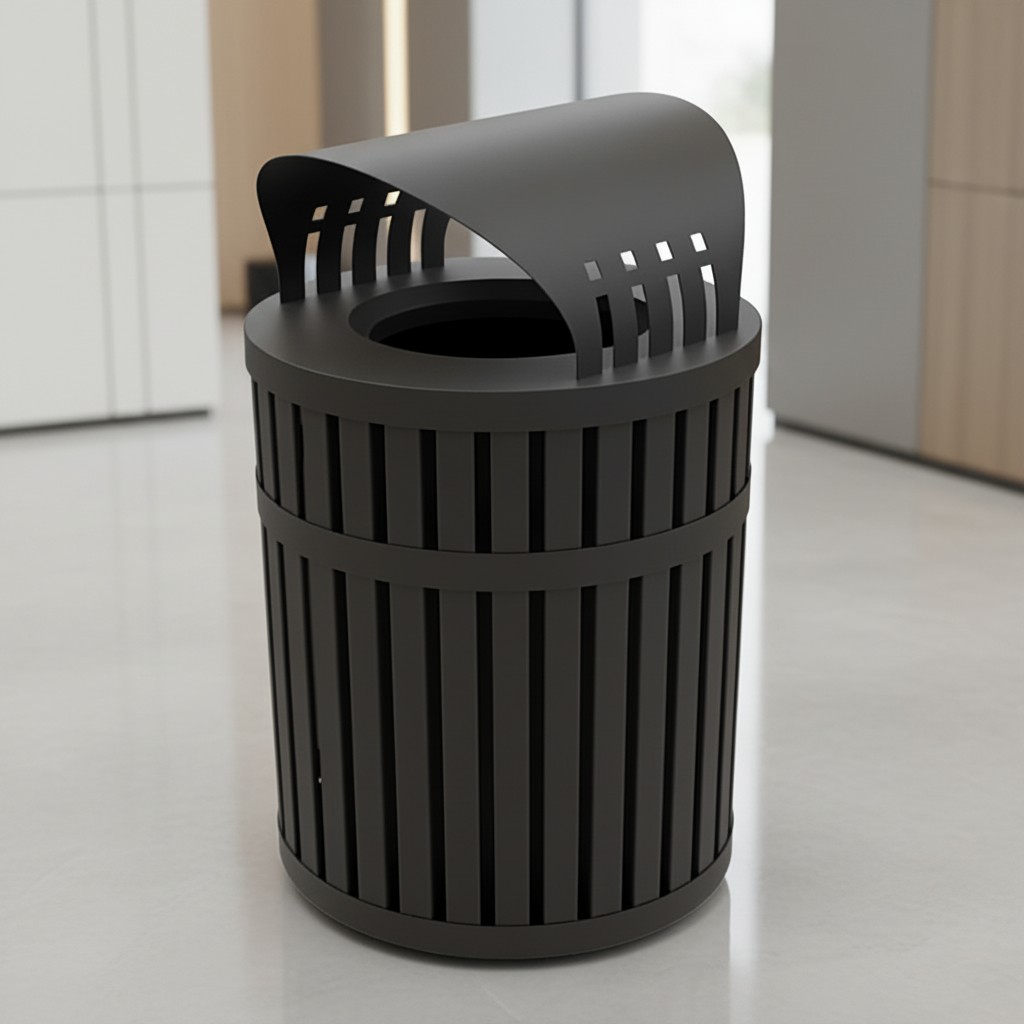 Curved Canopy Slatted Steel Outdoor Dustbin display