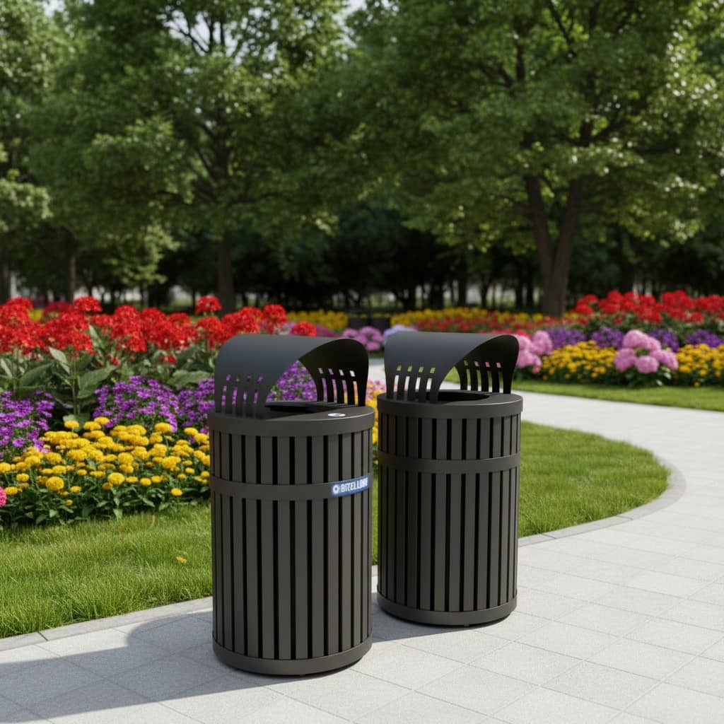 Curved Canopy Slatted Steel Outdoor Dustbins
