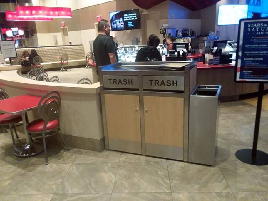 Dual-Compartment Wood-Grain Galvanized Steel Trash Bin in use