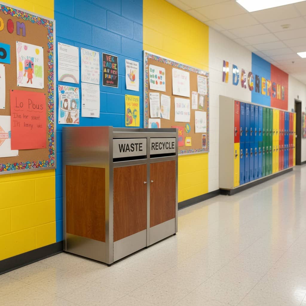 Dual-Compartment Wood-Grain Galvanized Steel Trash Bin onsite