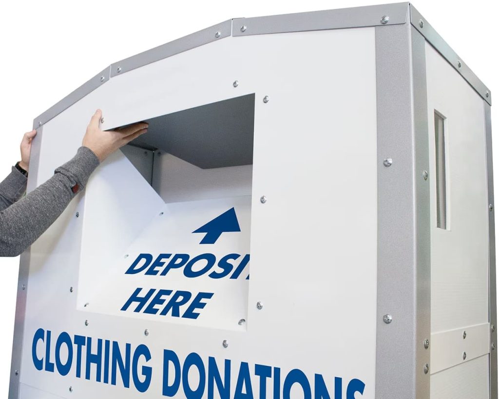 Galvanized Steel Clothing Donation Bin with Custom Branding details