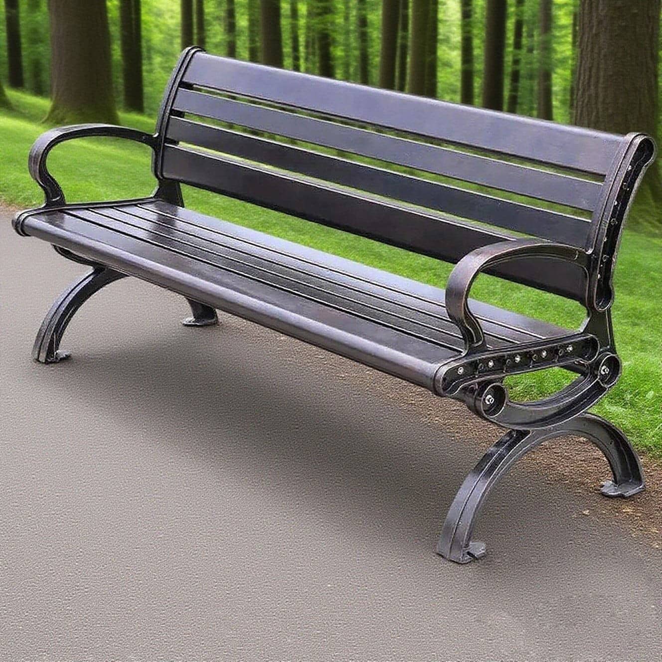 Modern Slatted Cast Aluminum Garden Bench in use