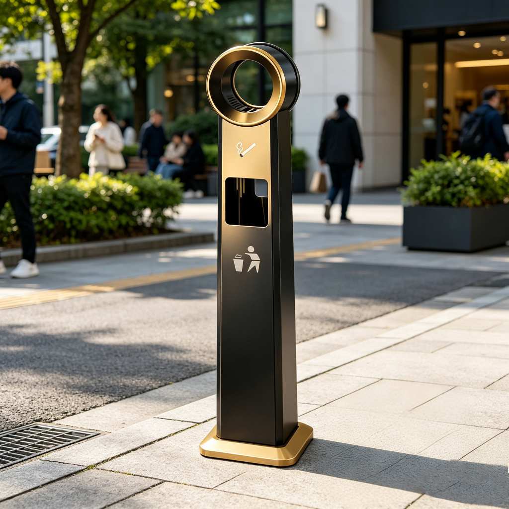 Modern Stainless Steel Cigarette Receptacle & Waste Bin in use