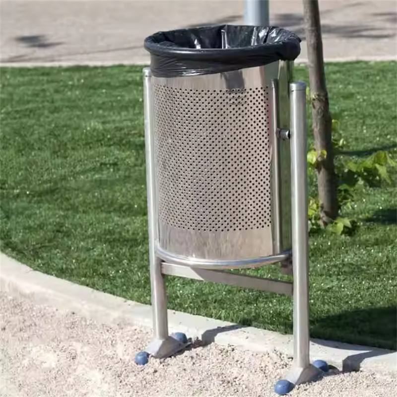 Stand-Mounted Perforated Galvanized Steel Rubbish Bin onsite