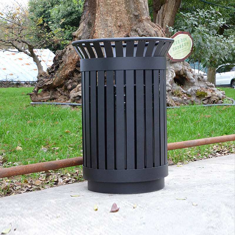 Vertical Slatted Galvanized Steel Trash Can onsite