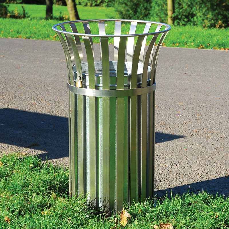 Vertical Slatted Galvanized Steel Trash Can show