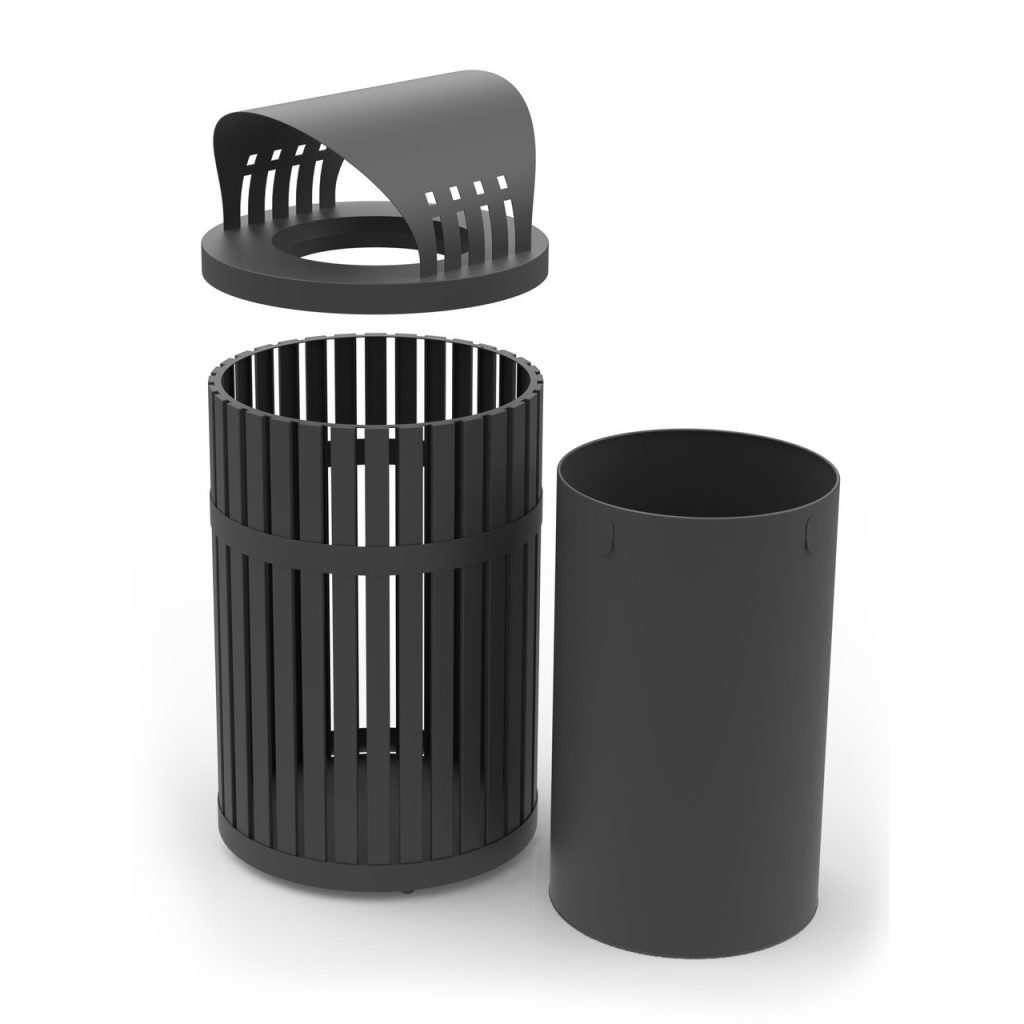 Curved Canopy Slatted Steel Outdoor Dustbins display