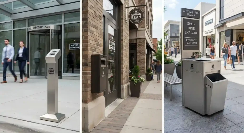 Three commercial outdoor ashtray installation styles