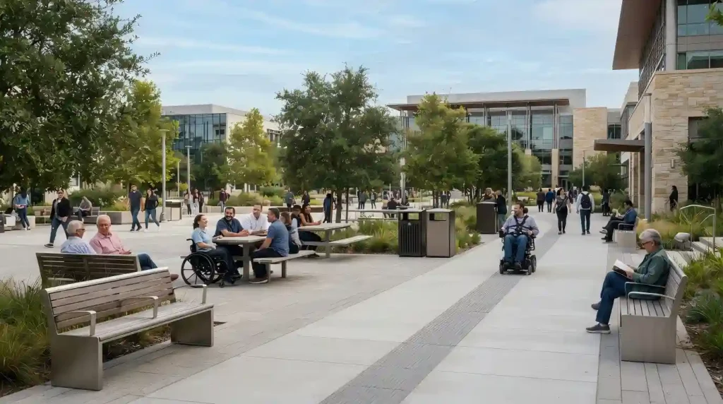 inclusive public plaza with accessible outdoor furniture