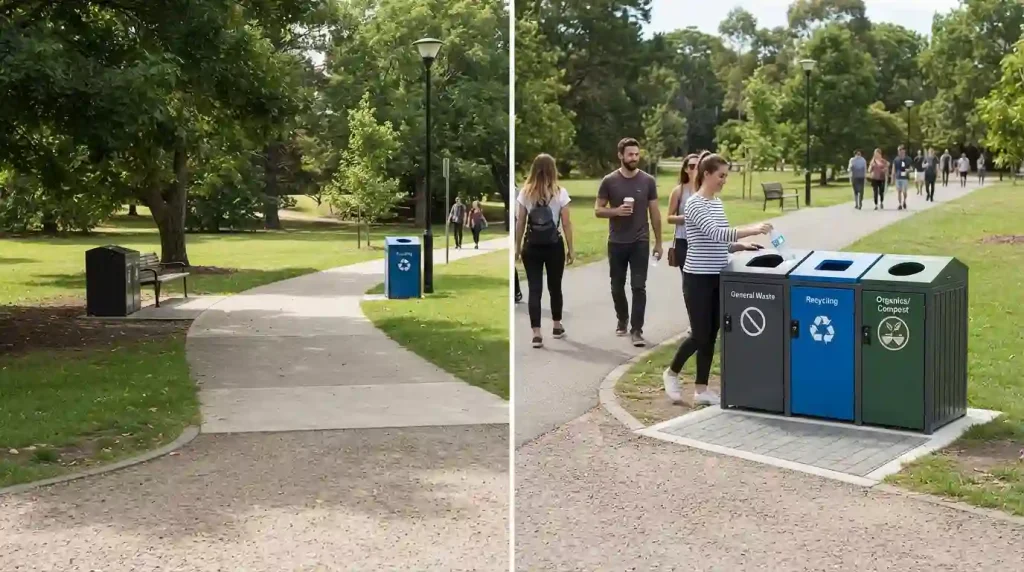 two waste bin layouts side by side for comparison