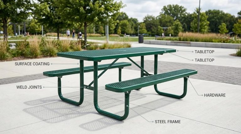 Commercial metal picnic table showing key failure points