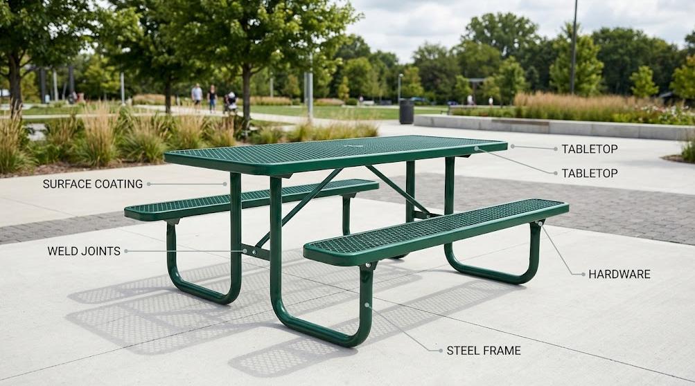 Commercial metal picnic table showing key failure points