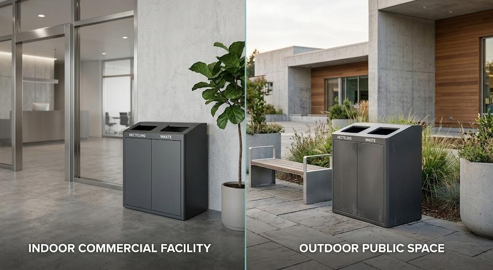 Metal recycling bins for indoor and outdoor commercial use