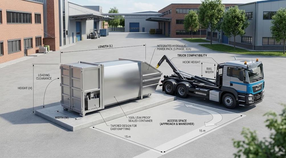 Mobile waste compactor dimensions and truck compatibility