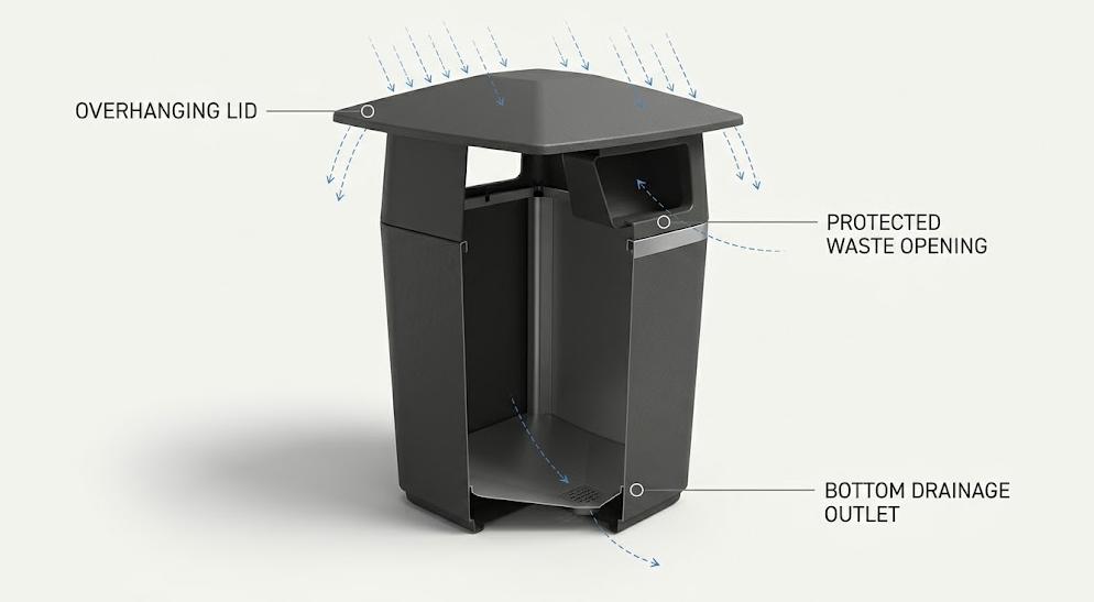 Outdoor trash bin rain protection and drainage design