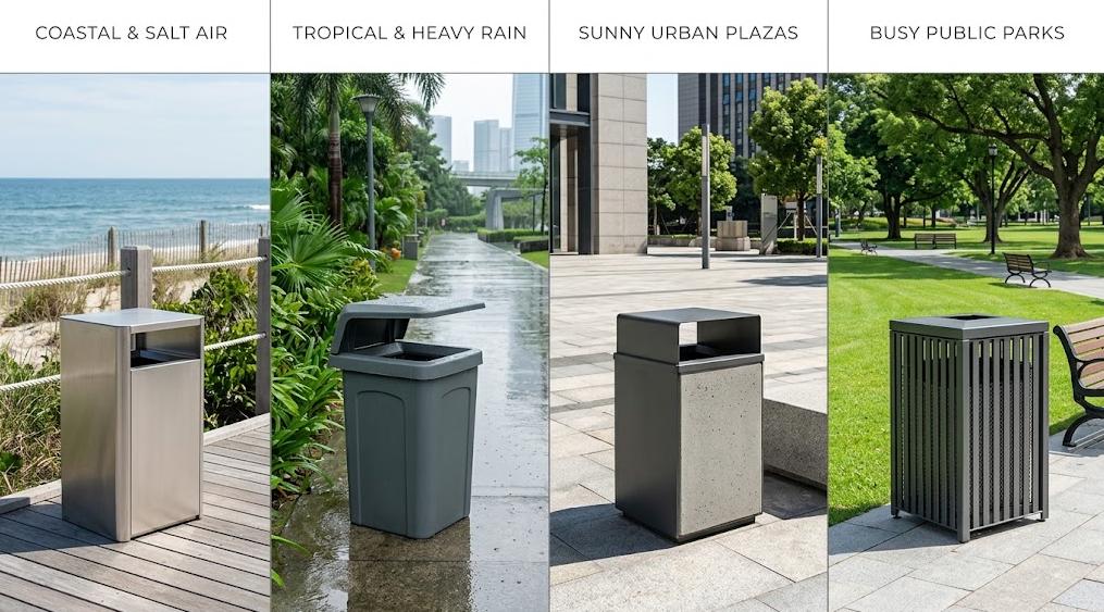 Outdoor trash bins for different climates and environments