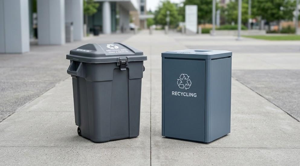 Plastic and metal recycling bins compared side by side