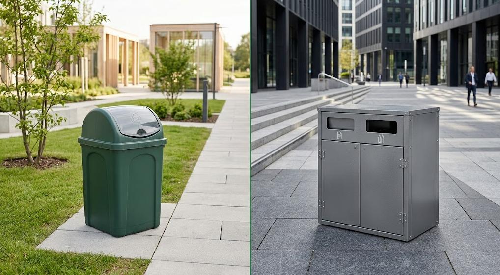 Plastic and metal recycling bins for outdoor applications