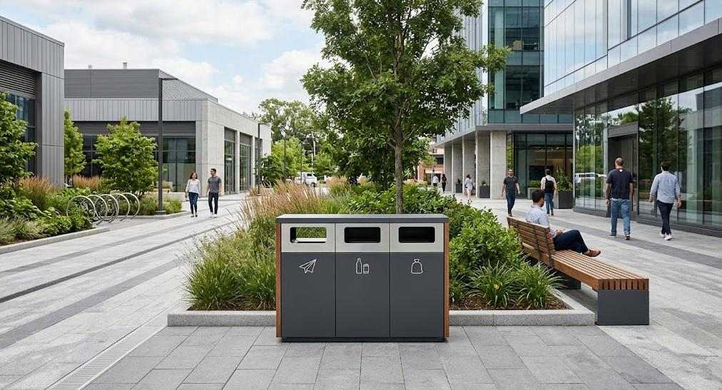 Modern integrated outdoor waste bin in a clean commercial landscape